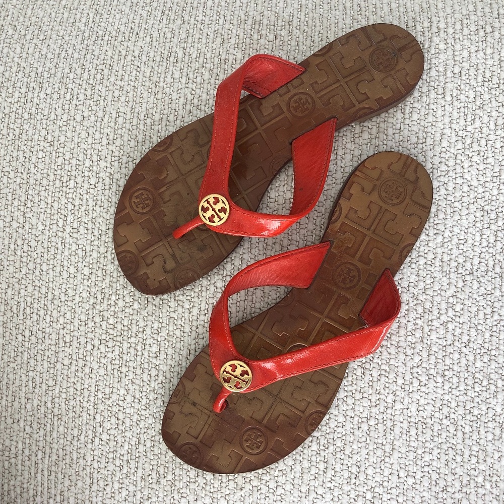 Tory Burch Thora Thong Sandals 7 Orange Leather